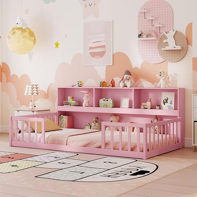 Giantex Twin Floor Bed for Kids, Wooden Montessori Bed Frame with Bookcase, Storage Shelves & Safety Fence Rails, Floor Beds Twin for Girls, Boys, No Box Spring Needed, Without Slats, Pink