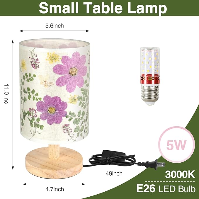 Dried Flowers Small Table Lamp 5W LED 3-Color Pressed Flower Bedside Lamp Linen Shade with Wood Base for Bedroom Living Room Desk Nursery