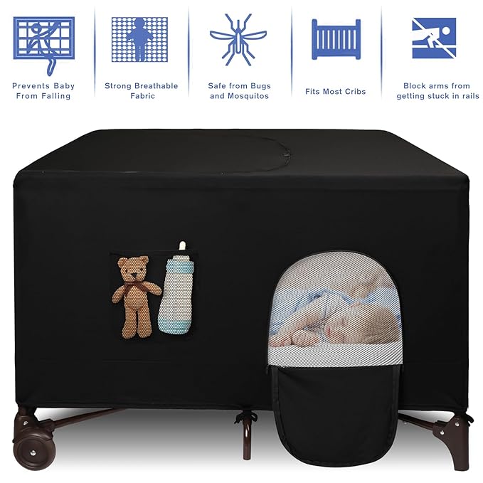Dofilachy Blackout Cover for Pack N Play - Crib Blackout Cover Tent - Canopy Cover - Breathable Travel Crib Tent - Portable Stretchy Blackout Tent(Pocket)