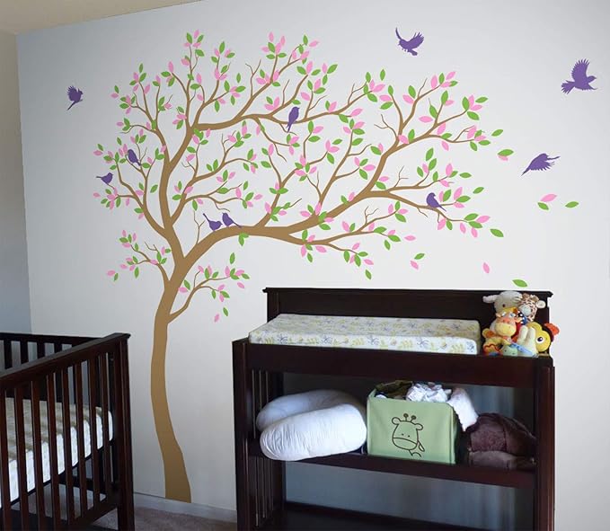 Large Tree Wall Decals Nursery Leaning Tree Stickers with Birds Wall Art Mural Vinyl Decor KW032 (Leaning Right, Light Brown, Lime-Tree Green, Soft Pink, Lavender)