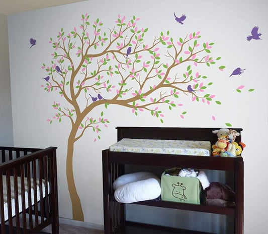 Large Tree Wall Decals Nursery Leaning Tree Stickers with Birds Wall Art Mural Vinyl Decor KW032 (Leaning Right, Light Brown, Lime-Tree Green, Soft Pink, Lavender)
