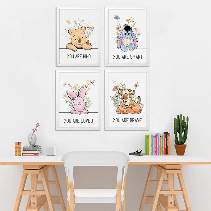 Cute Winnie the Pooh Quote Framed Wall Art Set of 4, Boho Educational You are Brave Strong Smart Kind Wooden Saying Sign, Preschool Inspirational Nursery Wall Decor for Baby Girl Kid Boy Toddlers