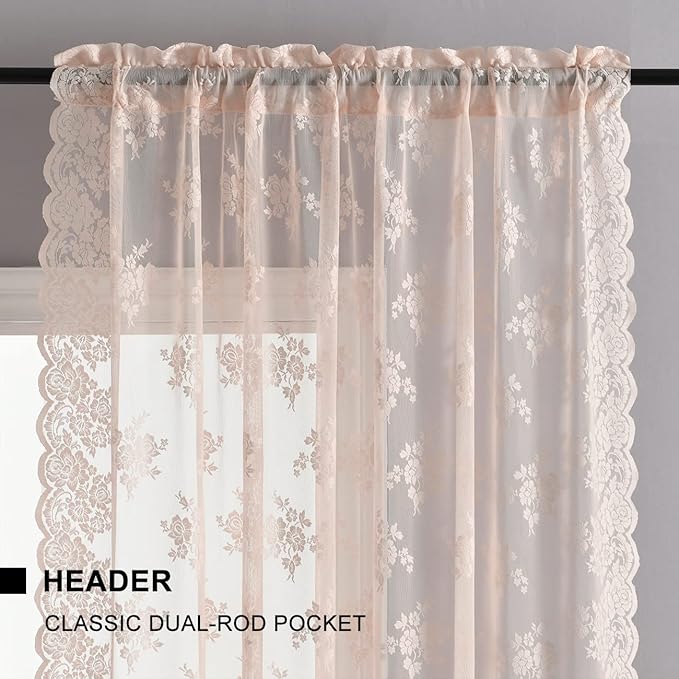 Kotile Blush Pink Lace Curtains for Bedroom Girls - Rustic Floral Blush Sheer Curtains 63 Inch Length for Girls Room, Scalloped Floral Sheer Lace Window Curtain, 52 x 63 Inch, 2 Panels