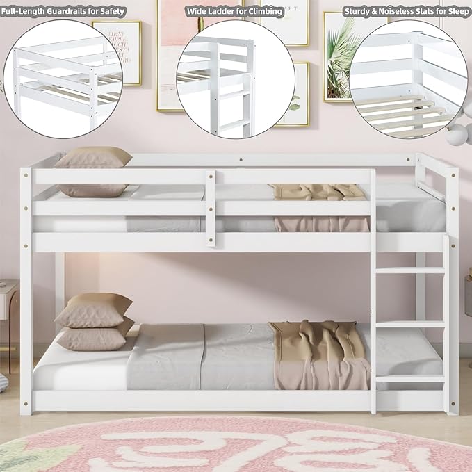 Merax Solid Wood Low Bunk Bed Frame for Kids/Toddlers/Junior, with Built-in Ladder, High Guardrail and Slats, Floor Bed Bottom Bunk, No Box Spring Needed, for Small Spaces, Twin-Over-Twin, White