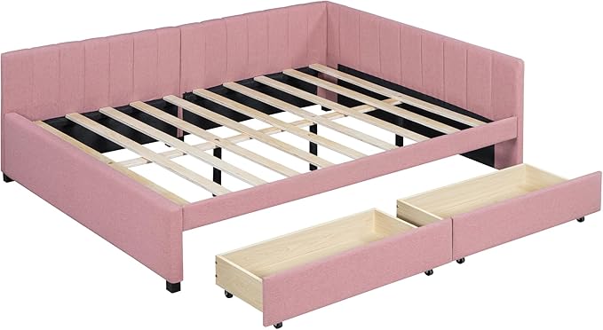 Harper & Bright Designs Full Size Upholstered Daybed with 2 Storage Drawers Sofa Bed Frame for Boys Girls Kids Adults Toddler No Box Spring Needed, Linen Fabric (Pink)