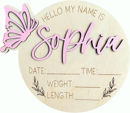 Personalized 3D Butterfly Birth Announcement Sign, Wooden Name sign, Hospital Photo prop Baby Name Reveal (Butterfly Left Hello My Name is)
