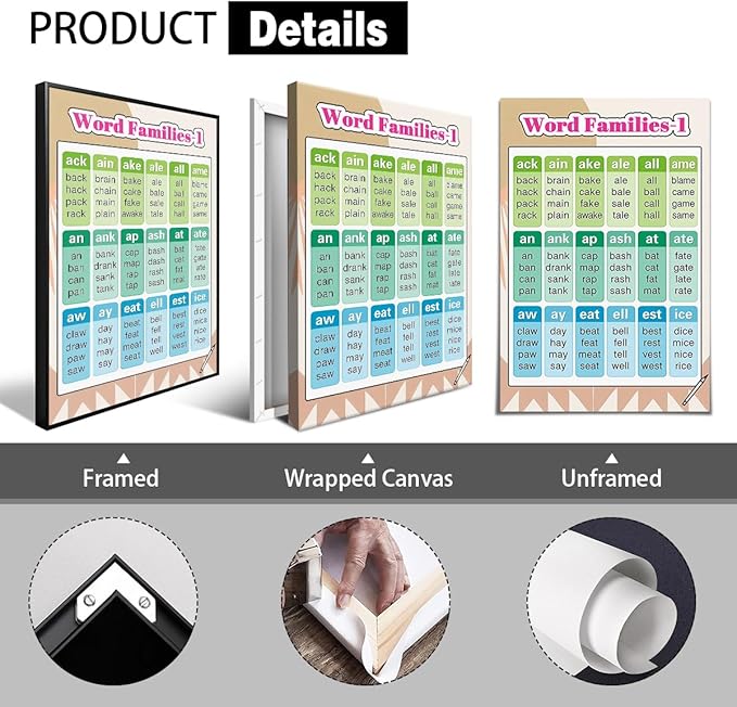 perasi Set of 2 Word Families Posters Canvas, Educational Words Learning Charts for Toddlers 1-3, Kindergarten Nursery Classroom Learning Tools Educational Table for Kids 12x16in Unframed