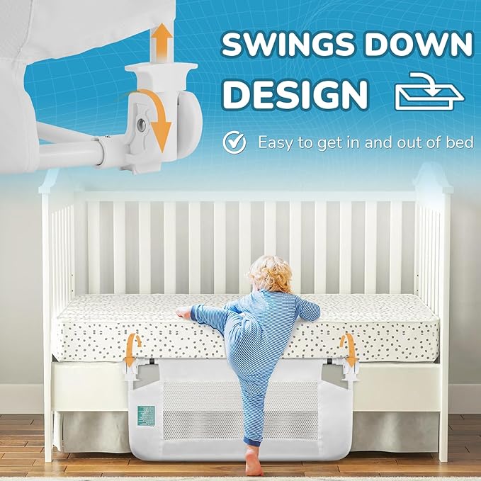 Universal Swing Down Crib Rail Guard, Convertible Crib Bed Rail for Toddlers, with Reinforced Wing Nut Safety System, Compatible with All Major Brand of Crib, White