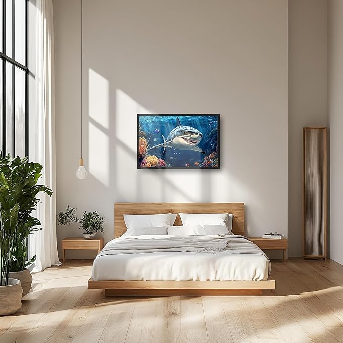 Large Ocean Shark Wall Art for Living Room, Framed Oversized Shark Fish Wall Decor Underwater Marine Life Canvas Painting Modern Artwork for Living Room Bathroom Bedroom Office Dining Room 36"x24"