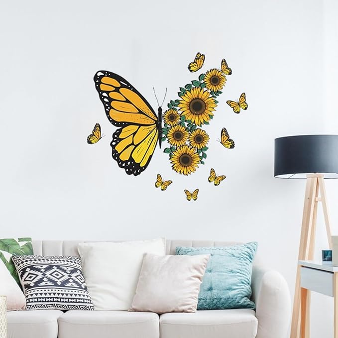 Large Butterfly Wall Decals, Sunflower Wall Stickers Yellow Butterfly Flower Wall Decal Murals Peel and Stick Wallpaper Art Decal for Nursery Bedroom Living Room Classroom