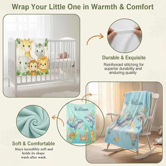 Personalized Woodland Baby Blanket with Name, Custom Name Blanket for Boy, Printed in USA, Super Soft Blankets for Newborn, Customized Gifts for Baby Shower Birthday Christmas