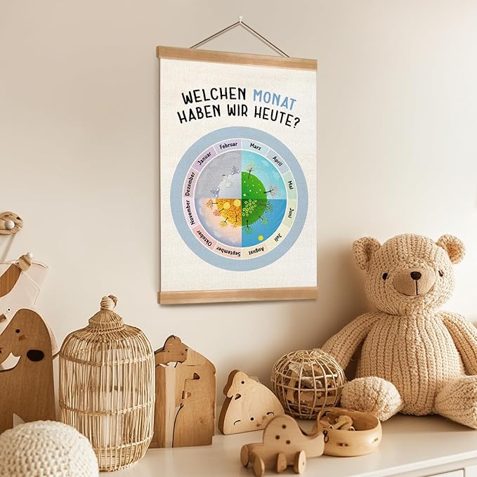 ZTGDA Kids Calendar Wall Hanging Poster,Educational Linen Wall Art with Wood Frame, Month & Seasons Wheel for Children Learning, Nursery Classroom or Playroom Decor, 12x16 Inch(Seasons)