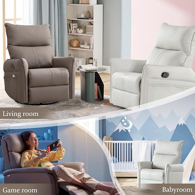 Swivel Rocker Recliner Chair, Upholstered 360° Fabric Leather Glider Rocker Chair for Nursery, Manual Small Recliners for Small Spaces Living Room Weight Capacity 300lbs