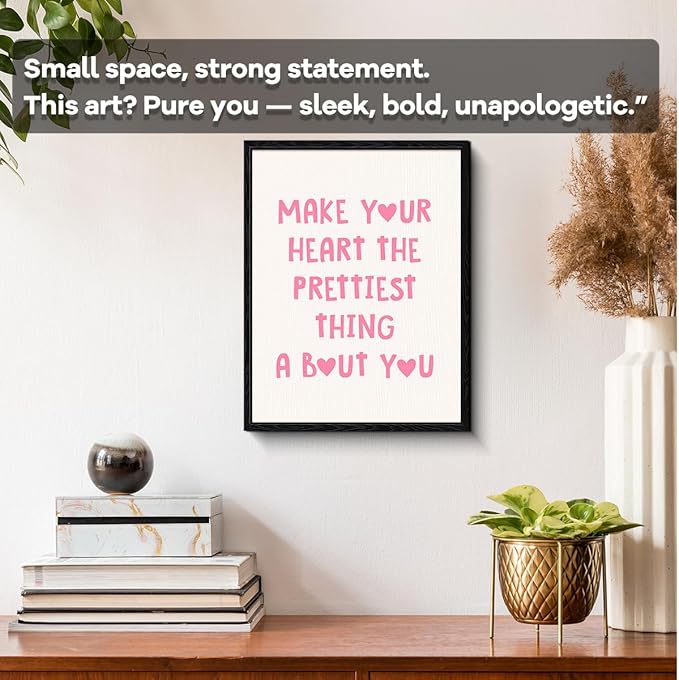 Motivational Quote Wall Art, kind heart message, pastel minimalist wall decor, matte finish framed canvas print, positive affirmation poster artwork, for girls room dorm gift, 12x15 inch