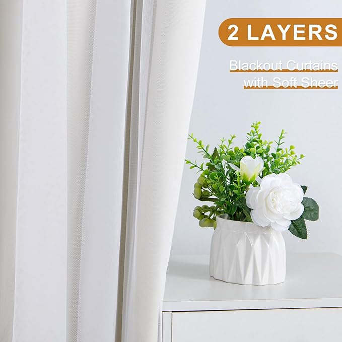 DWCN Blackout and Sheer Curtains with Tiebacks Layered Curtains for Living Room Grommet Top Window Curtain Panels with Sheer Overlay, 38 W by 84 L, Ivory, 2 Pieces