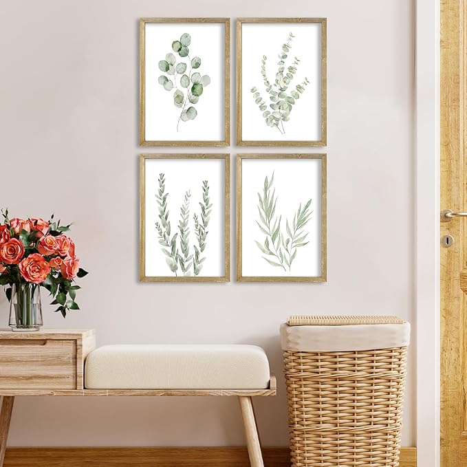 Botanical Wall Decor Sign 16x11 Inch Set of 4 Sage Green Plants Wood Framed For Bathroom Modren Bedroom Aesthetic Watercolor Laundry Room Art Wall Hanging (Wood)