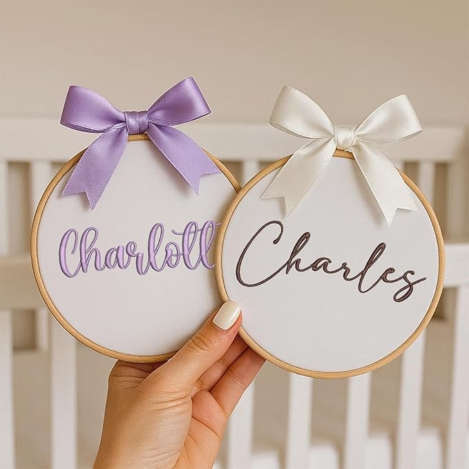 Personalized Baby Name Sign Welcome Baby Announcement Sign Newborn Baby Embroidery Hoop with Bows Baby Hospital Name Sign Custom Infant Baby Name Baby Shower Gifts (09)