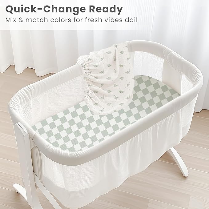 Konssy 2 Pack Muslin Bassinet Sheets for Baby Boy, 100% Cotton Soft Breathable Bassinet Mattress Sheets Fit for Hourglass Oval Cradle Rectangle Mattress (Green Dino,Baby Green Plaid)
