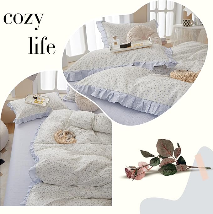 Garden Style Lace Duvet Cover Cute Blue Flower Print Ruffle Duvet Cover King Cotton Blue Striped Girls Floral Comforter Cover Lace Princess Bedding Set Vintage Floral Bedding Duvet Cover with Zipper