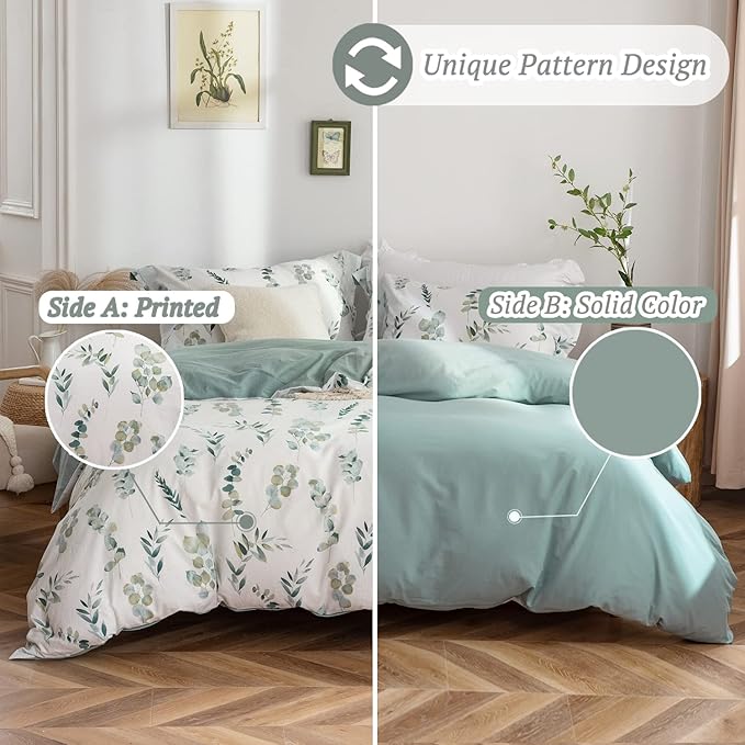 MILDLY Duvet Cover Full Size - 100% Washed Cotton Sage Green Eucalyptus Reversible Floral Duvet Cover Set 3 Pieces with Zipper Closure Corner Ties
