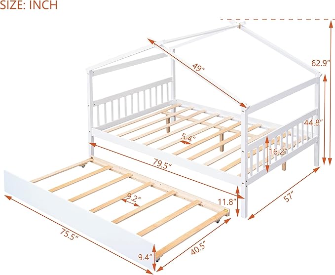 Merax Full Size Wooden House Bed with Trundle, Wood Bed Frame with Roof for Kids, Teens, Boys or Girls, White