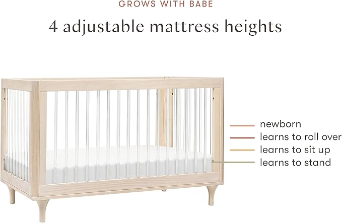 Babyletto Lolly 3-in-1 Baby Crib Convertible to Toddler Bed & Daybed, GREENGUARD Gold Certified, 4 Adjustable Heights, Includes Toddler Conversion Kit, Made of 100% Solid Wood - Washed Natural/Acrylic