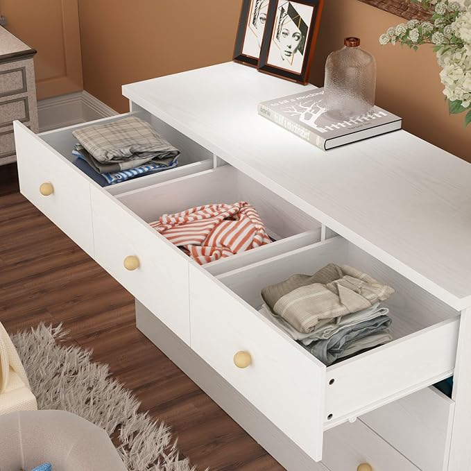 White Dresser for Bedroom 9 Drawer Dresser, Chest of Drawers Wide Dresser with Wood Knobs, Modern Dresser Drawer Chest, Living Room Hallway, Wood Grain, 15.7”D x 47.2”W x 27.6”H