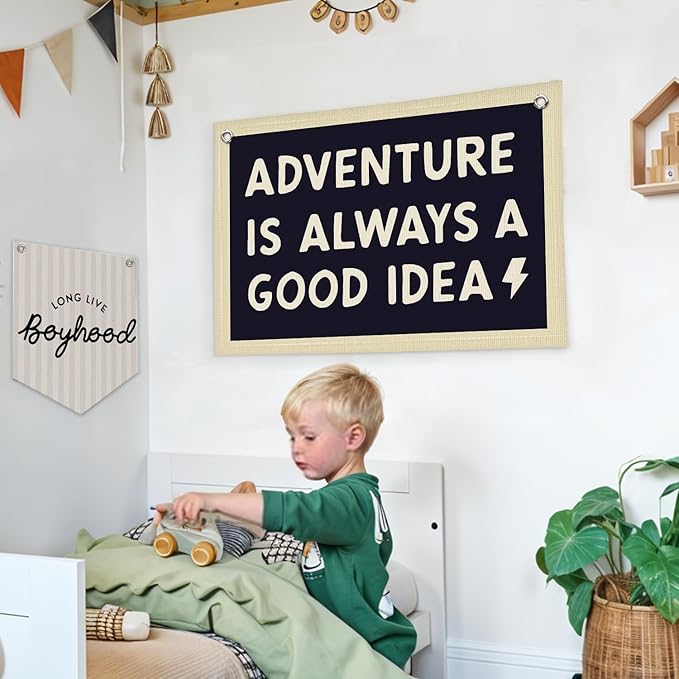 Lacama Boys Room Nursery Decor, Adventure Is Always A Good Idea Motivational Banner for Playroom, Nursery Hanging Linen Banner Wall Canvas Flag, Toddler Teen Room Dorm Decor 30x20 Inch