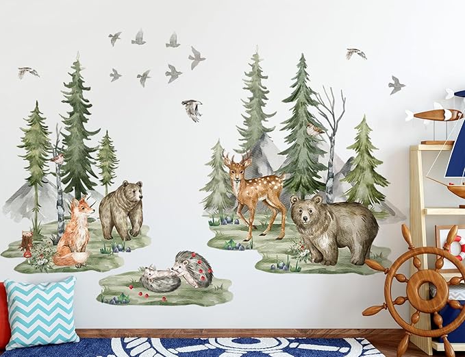 Large Jungle Animals Wall Decals Forest Tree Wall Decal Peel and Stick Woodland Bear Fox Deer Wall Stickers Giant Mountain Art for Bedroom Nursery Room BM6052-ZL