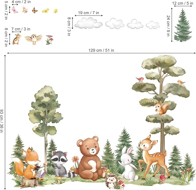 decalmile Large Woodland Animals Pine Tree Wall Decals Forest Animals Bear Deer Fox Wall Stickers Living Room Baby Nursery Kids Room Wall Decor(XL)
