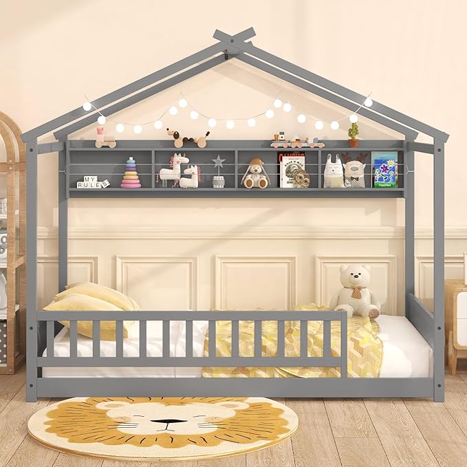Giantex Twin Floor Bed with Storage Shelf, Wooden Bed Frames with Headboard & Guardrail, Montessori Floor Bed with Wooden Slat Support for Kids, Grey
