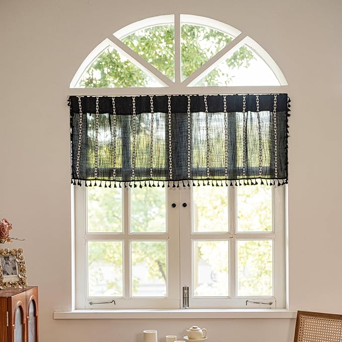 Deeprove Black Boho Curtain Valance for Cafe Kitchen Closet Doorway Cottage Decor, Gothic Sheer Bohemian Farmhouse Cotton Linen Short Panel Tassel Vintage Chic Window Drape W52 x L18, 1 Piece
