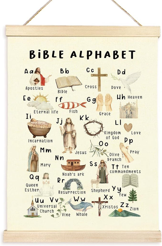 CGBHW Christian Bible Alphabet Poster Hanger Frame, Scripture Learning Educational ABC Posters Wall Art Hanging Decor for Toddler Kids Room Classroom Playroom Nursery Preschool，12x16Inch