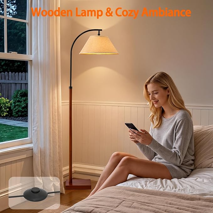 63" Floor Lamp for Living Room with Foot Switch Wood Standing Lamp Tall Lamp Mid Century Modern Arc Floor Lamps for Bedroom Office Industrial Reading