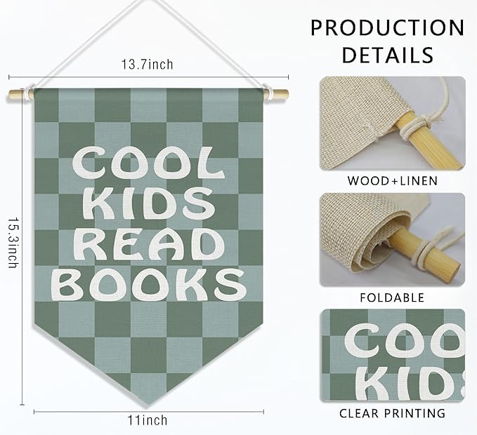Cool Kids Read Books Wall Hanging Canvas Banner, Retro Green and Grey Checkered Hanging Pennant Flag Posters Prints for Kids Room Classroom Reading Room Corner Decor, 15x11in
