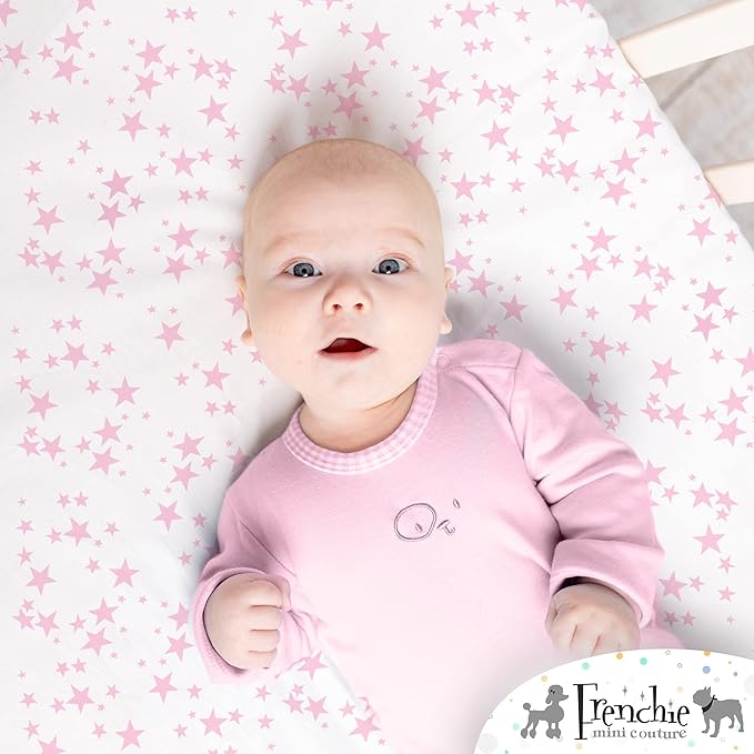 Frenchie Mini Couture Bassinet Sheets 100% Woven Cotton Pink Stars, 15 x 33in, 2-Pack