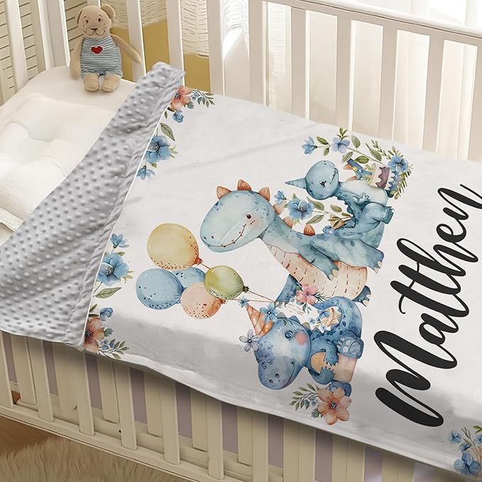 Personalized Baby Name Blanket for Boy Girl, Soft Flannel Blanket with Double Layer Dotted Backing for Infant Newborn, Nursery Crib with Dinosaur Design, Customized Gifts for New Mom(60" x80)