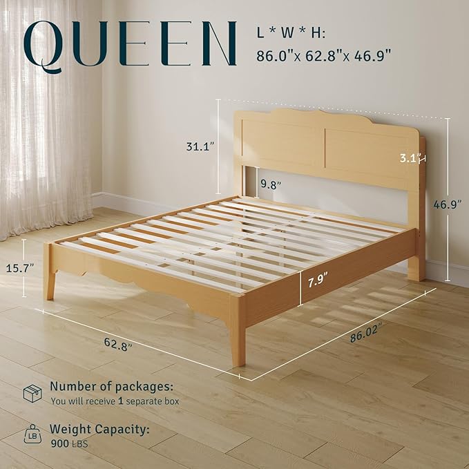 Queen Bed Frame with Headboard, Wooden Platform Bed with Wood Slats Support, Modern Bed Frame with Storage&Charging Station, No Box Spring Needed, Easy Assembly, Noise Free, Natural