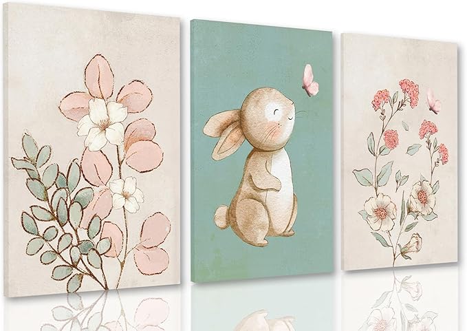 Dytila Framed Nursery Wall Art Set of 3, Pink Flower Botanical Pictures Wall Decor, Green Bunny Paintings, Cute Animal Canvas Prints for Girls and Boys Kids Room, Baby Room Decor 12x16 Inches