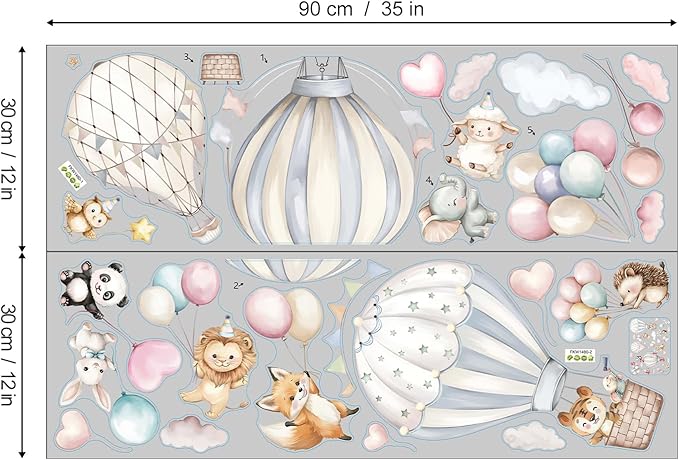 Cartoon Hot Air Balloons Wall Stickers Animals Self Adhesive Non-Toxic Wall Decals for Kids' Bedroom Living Room