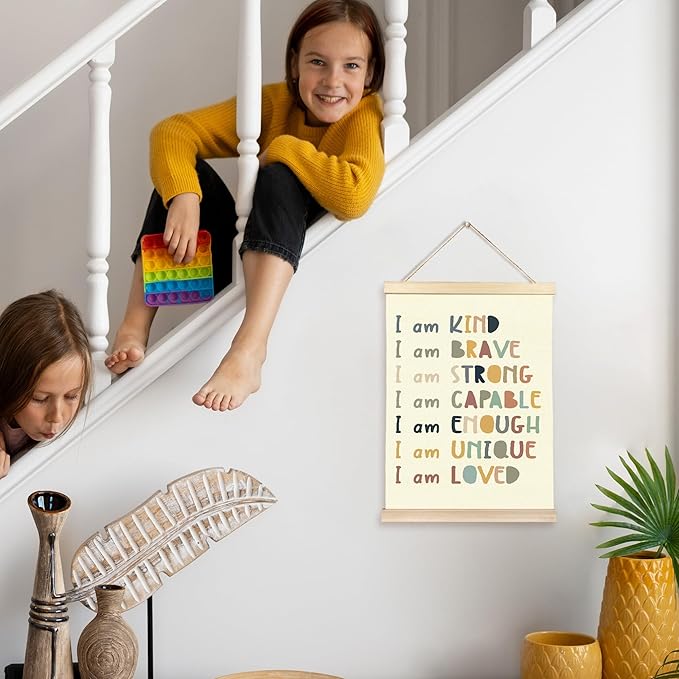 Hiuwevt Boho Classroom Wall Art, Boho I Am Kind Inspirational Poster Hanger Frame, Positive Affirmations Wall Art Home Decor for Kids Toddler Boys Girls Room Bedroom Nursery Playroom Classroom, 12x16 Inch