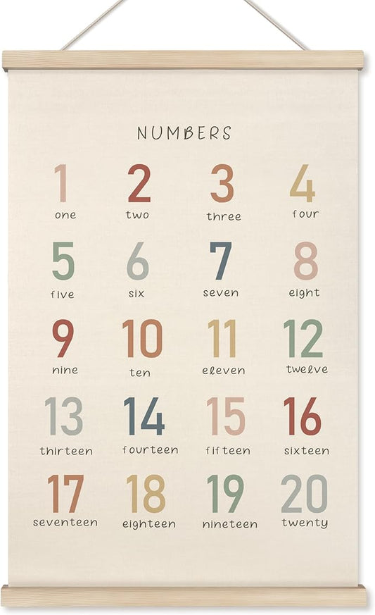 HRQKO Boho Numbers Alphabet Poster Hanger Frame, Nursery Wall Decor, Boho Learning Poster Wall Art with Wooden Frames, Numbers Banner Wall Hanging Decor for Boys Nursery Toddler Playroom, 16x24 inch