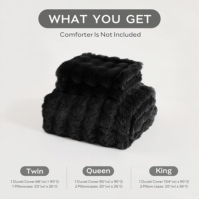 JELLYMONI Plush Duvet Cover Set - King Size Black Faux Fur Comforter Cover 3pcs Bedding Set Luxury Ultra Soft Striped Fluffy Duvet Cover with Zipper and 2 Pillowcases (NO Comforter)