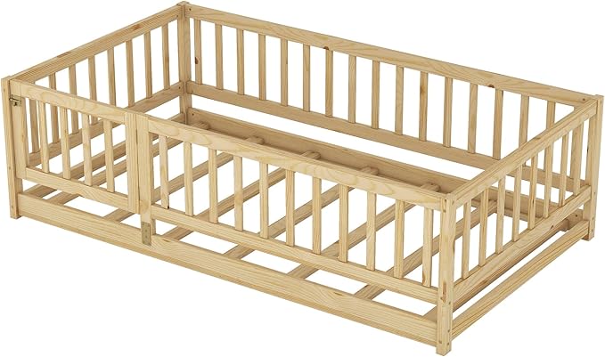 Twin Size Floor Bed Frame with Door and Slats,Montessori Floor Bed with Safety Guardrails for Girls Boys,Solid Wood Kids Montessori Bed Twin Size,Natural