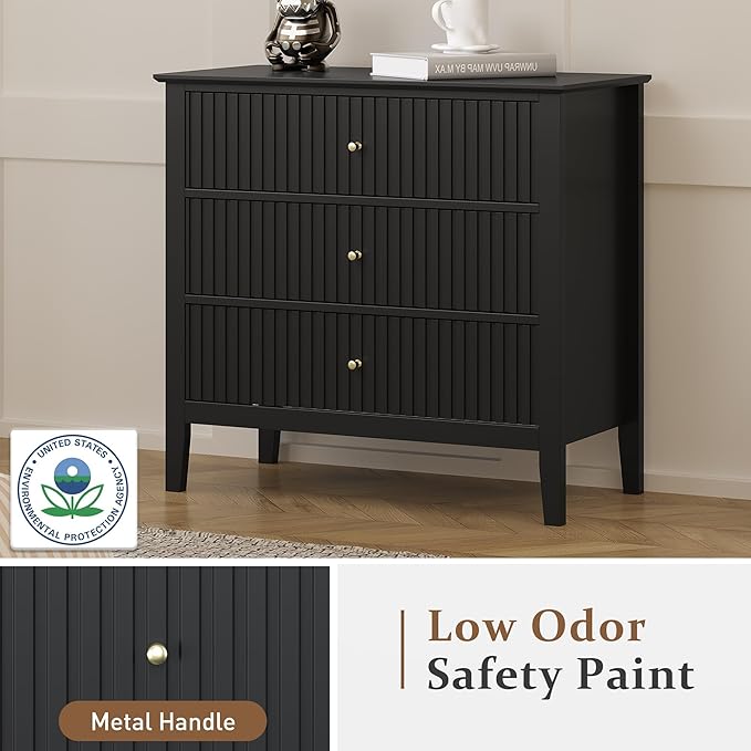 RoyalCraft Large 3 Drawer Dresser Set of 2, Fluted Chest of Drawers with Storage, Modern Painted 30 inch Tall Nightstand for Bedroom Living Room Entryway, Black