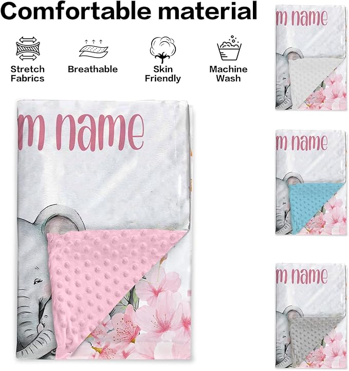 Personalized Baby Blankets for Girls, Custom Name Pink Flower Elephant Pattern Baby Blanket, Soft Receiving Blanket for Newborns and Toddlers, Ideal for Baby Showers and Nursery Decor