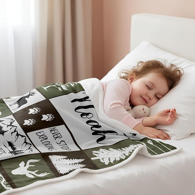 Personalized Baby Blankets with Name, Ships Next Day, Custom Baby Blanket with Letter Words, Soft Cozy Woodland Blankets, Gifts for Boys & Girls Kids Teen, Printed in USA