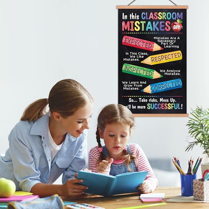 KAIRNE Kids Classroom Mistake Educational Poster With Wood Magnetic Hanger,Inspirational Quote Hanging Wall Art(35X56CM) Child Positive Canvas Art Print For Kids Room Classroom School Playroom Decor
