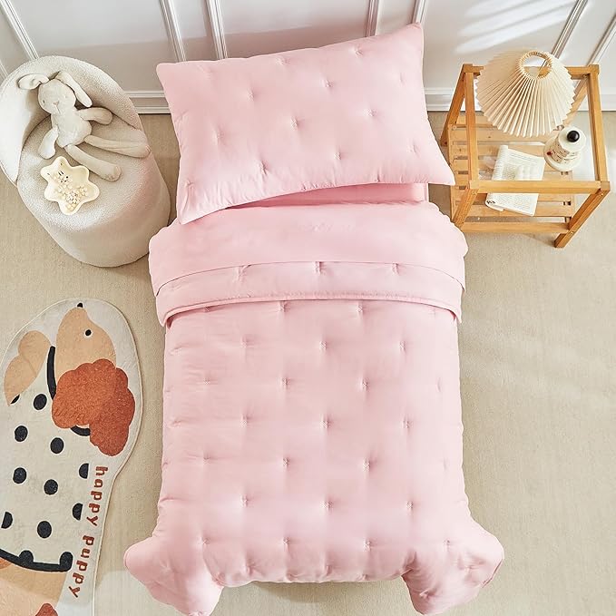DuShow 4 Piece Toddler Bedding Set for Girls,Embroidery Crib Bed Comforter Set,Includes Toddler Bed Comforter,Fitted Sheet,Flat Sheet and Envelope Pillowcase,Soft Toddler Bed Sheet Set-Pink