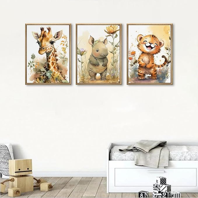 3Pcs Safari Nursery Wall Art watercolor baby Animal Wall Decor Lovely Jungle Animal Picture Painting Kids Room Posters Prints artwork for Boy Girl and Baby Room wall decoration,16x24in Poster